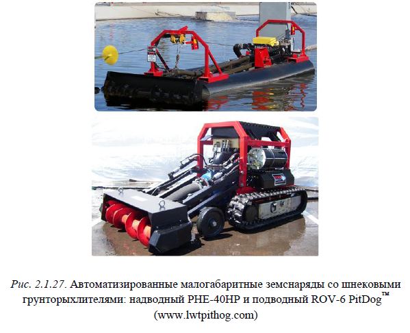 Рис. 2.1.27. Автоматизированные малогабаритные земснаряды со шнековыми грунторыхлителями: надводный PHE-40HP и подводный ROV-6 PitDog™ 