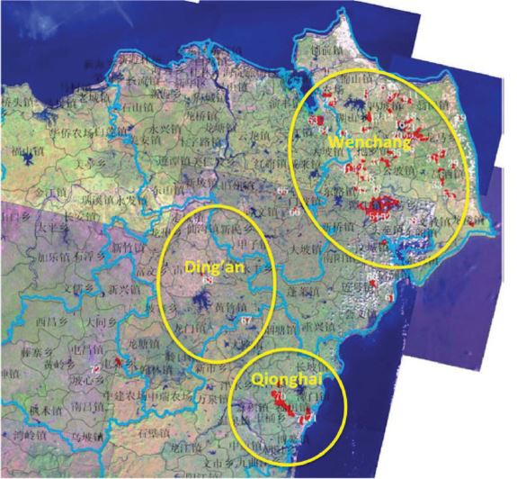 Distribution of tilapia farms in the three main producing counties of Hainan.