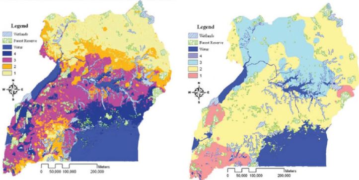 Fish pond farming suitability maps based on water availability and water temperature.
