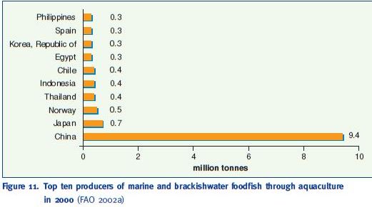 Top ten producers of marine and brackishwater foodfish through aquaculture in 2000 (FAO 2002a)