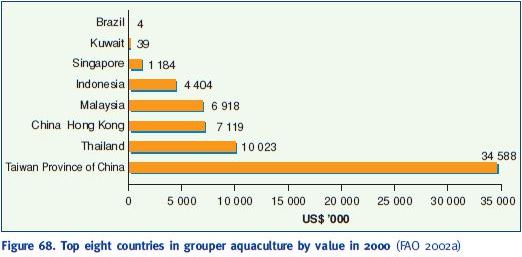 Top eight countries in grouper aquaculture by value in 2000 (FAO 2002a)