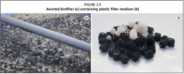 Aerated biofilter (a) containing plastic filter medium (b)