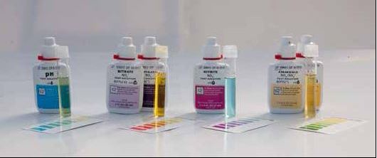 Freshwater test kit for pH, ammonia, nitrite and nitrate. Values are determined by comparing the test water colour with that of the reference card