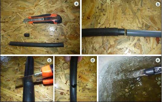 Step by step preparation of a Venturi siphon. A small section of pipe (a) is inserted into the end of the main water pipe (b). A small notch is cut (c, d) into the narrower pipe through which air is sucked (e) 