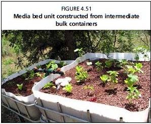 Media bed unit constructed from intermediate bulk containers 
