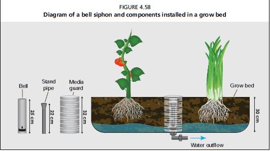 Diagram of a bell siphon and components installed in a grow bed