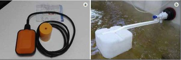 Float switch controlling a water pump (a) and a ball cock and float valve controlling the water main (b)