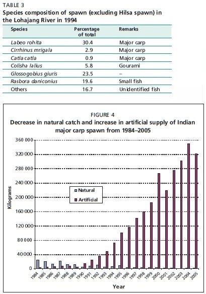 Decrease in natural catch and increase in artificial supply of Indian major carp spawn from 1984–2005