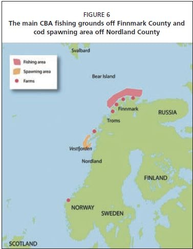 The main CBA fishing grounds off Finnmark County and cod spawning area off Nordland County