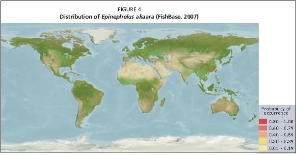 Distribution of Epinephelus akaara (FishBase, 2007)