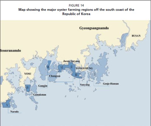 Map showing the major oyster farming regions off the south coast of the Republic of Korea