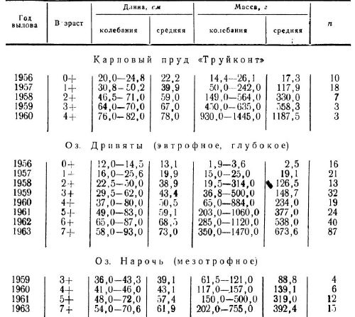 Рост молоди угря, посаженной в 1956 г. в водоемы Белоруссии 