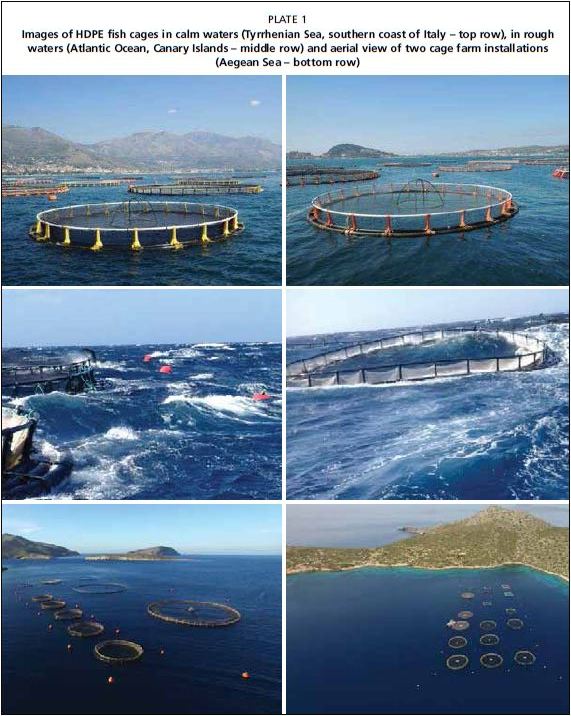 Images of HDPE fish cages in calm waters (Tyrrhenian Sea, southern coast of Italy – top row), in rough waters (Atlantic Ocean, Canary Islands – middle row) and aerial view of two cage farm installations (Aegean Sea – bottom row)