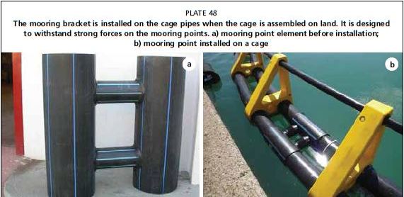 The mooring bracket is installed on the cage pipes when the cage is assembled on land. It is designed to withstand strong forces on the mooring points. a) mooring point element before installation; b) mooring point installed on a cage