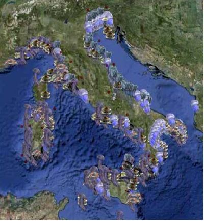 Graphic representation of the presence of jellyfish along the Italian coast in the summer 2010. Pelagia dominates the western basin but it is absent from the Adriatic, where Rhizostoma and Carybdea are dominant (Boero, unpublished)