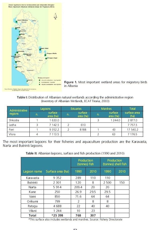 Albanian lagoons, surface and fish production (1990 and 2010)