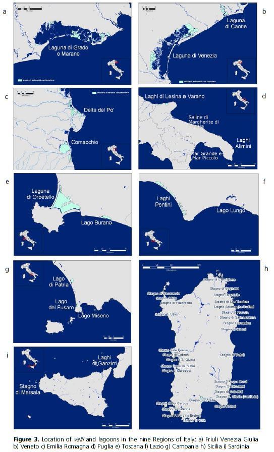 Location of valli and lagoons in the nine Regions of Italy: a) Friuli Venezia Giulia b) Veneto c) Emilia Romagna d) Puglia e) Toscana f) Lazio g) Campania h) Sicilia i) Sardinia