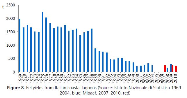 Eel yields from Italian coastal lagoons (Source: Istituto Nazionale di Statistica 1969– 2004, blue: Mipaaf, 2007–2010, red)