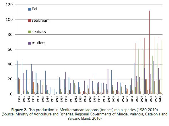 Fish production in Mediterranean lagoons (tonnes) main species (1980-2010)