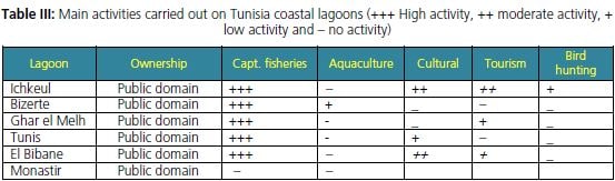 Main activities carried out on Tunisia coastal lagoons (+++ High activity, ++ moderate activity, + low activity and – no activity)