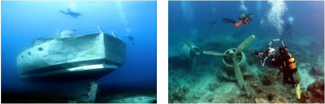 A ship wreck and an aircraft sunked as artificial reefs in the South of Karaada, Turkey (courtesy of A. Lok).
