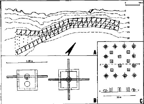 Example of a protection and production artificial reef (El Campello, Spain) realised with anti?trawling and mixed modules: A) plan of the artificial reef; B) protection unit; C) attraction/concentration set and displacement of the units inside a reef set (from Ramos?Espla et al., 2000).