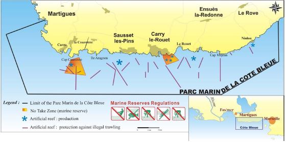 Multipurpose artificial reefs associated with MPAs. Case of the Cote bleue marine Park, France (from Charbonnel and Bachet, 2011).