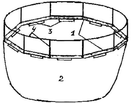 Рис. 4. Схема типовой конструкции садка: 1 - каркас; 2 - делевый мешок; 3 -поплавки из пенопласта; 4 - леерное ограждение