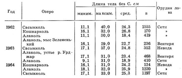 Размеры окуня в уловах на Алакольеких озерах в 1962-1964 гг.