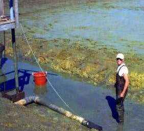 The standpipe drain in this pond, normally vertical, is turned down to allow water to flow out (USA)