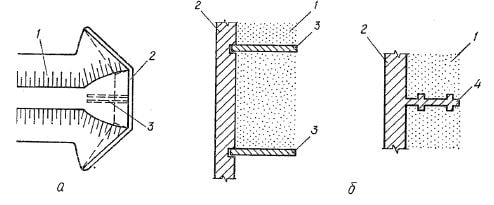 Схемы сопряжения тела земляной плотины со стенками сооружений из других материалов (по Гришину, 1979)